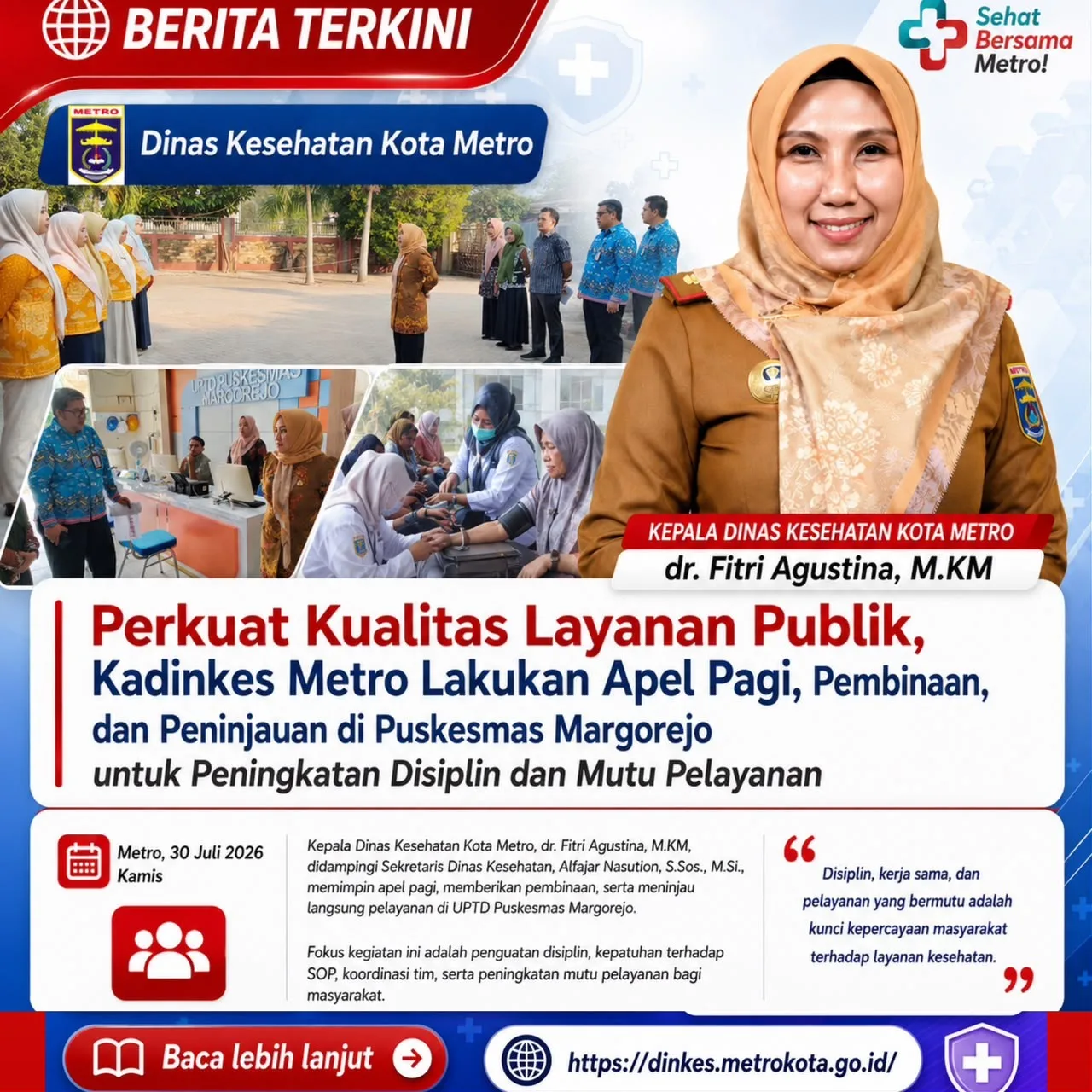 Perkuat Kualitas Layanan Publik, Kadinkes Metro Lakukan Apel Pagi, Pembinaan, dan Peninjauan di Puskesmas Margorejo untuk Peningkatan Disiplin dan Mutu Pelayanan